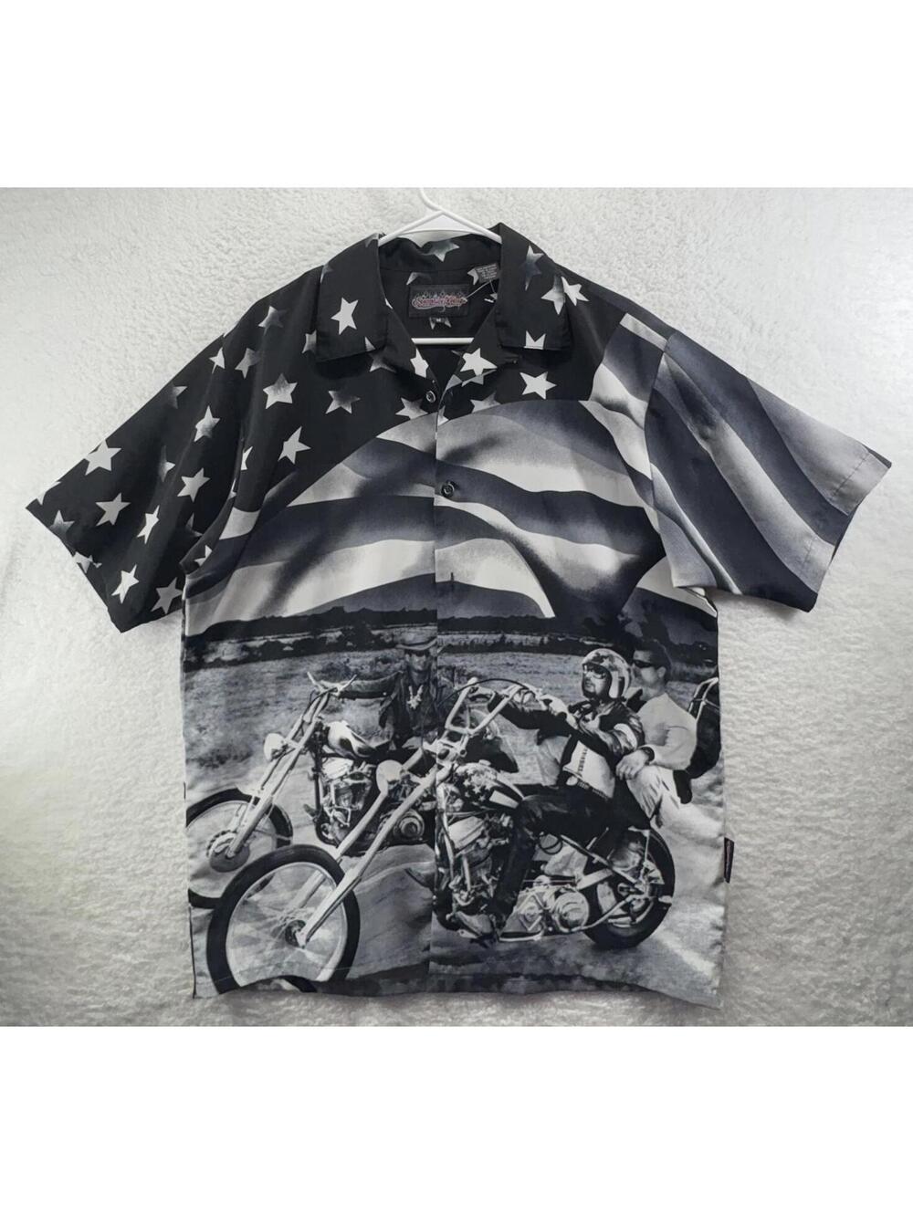 Sapphire Lounge Shirt Mens Large Flag Eagle Motorcycle Biker Button Up Graphic